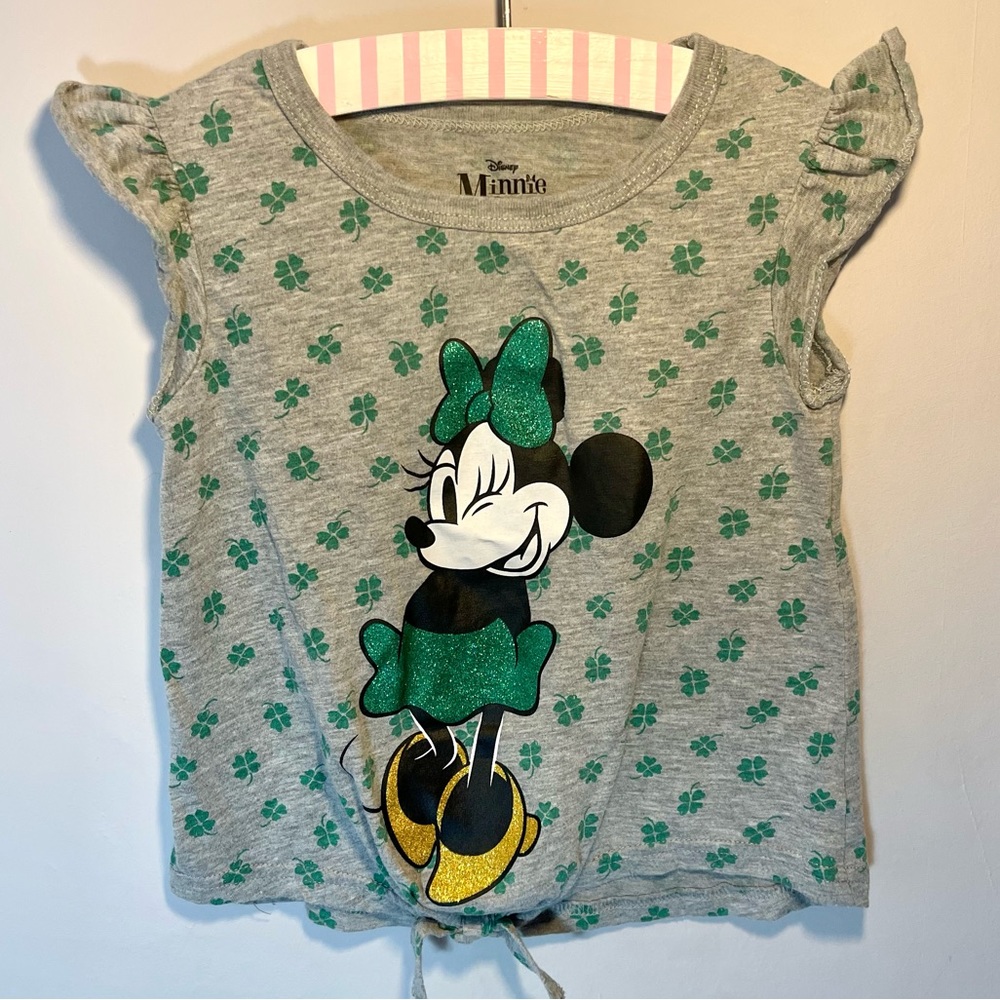 Disney Minnie Mouse St Patrick’s Day Shirt Green Glitter Shamrock Tie Top XS